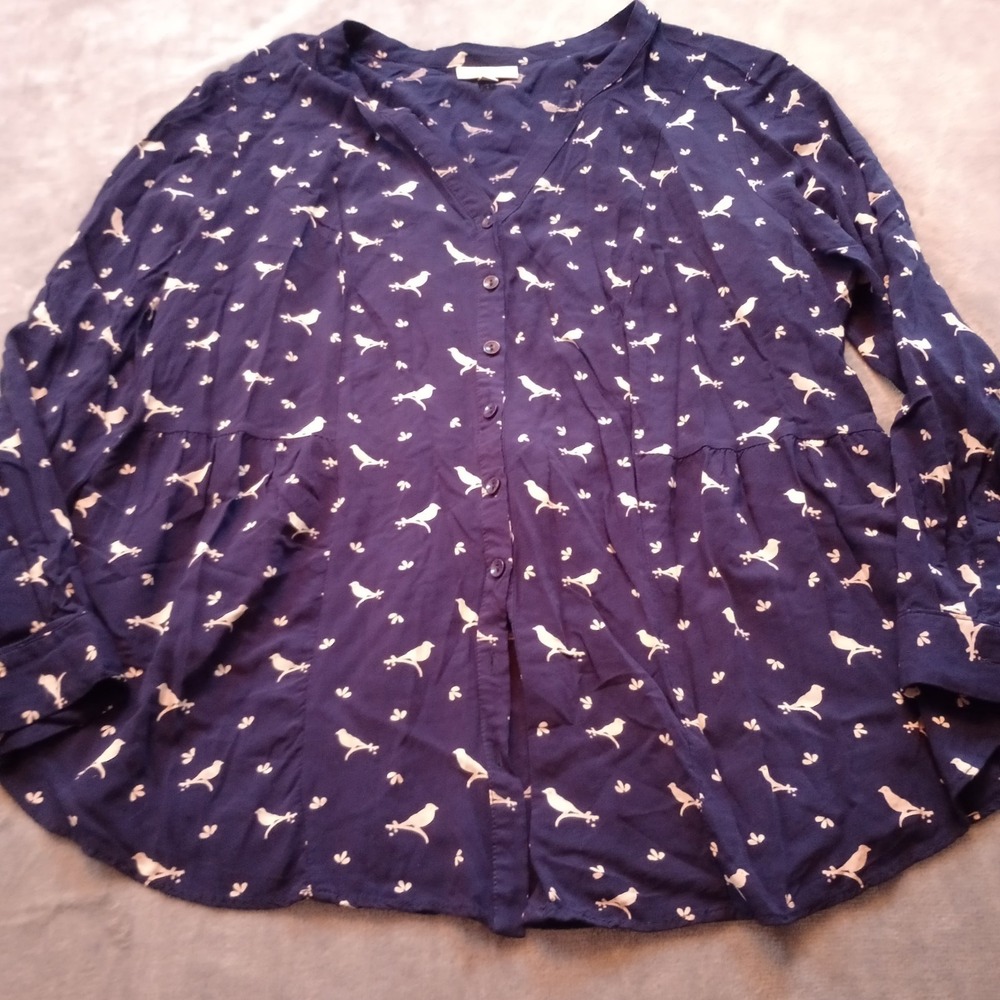 ModCloth Top Womens 2X Blue Bird Print Long Sleeve Peplum‎ Artsy Boho Blouse